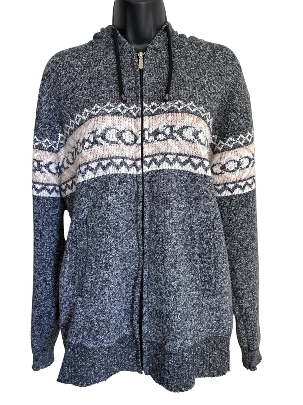Lentta Cozy Cabincore Cashmere Wool Hooded Ski Cardigan Fair Isle Stripe Sz L